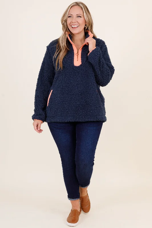 Come Visit Pullover, Navy Orange