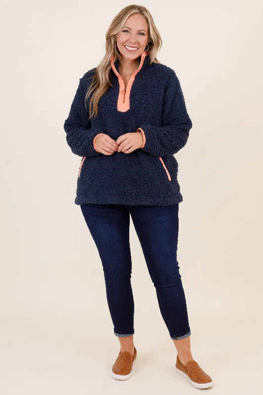 Come Visit Pullover, Navy Orange