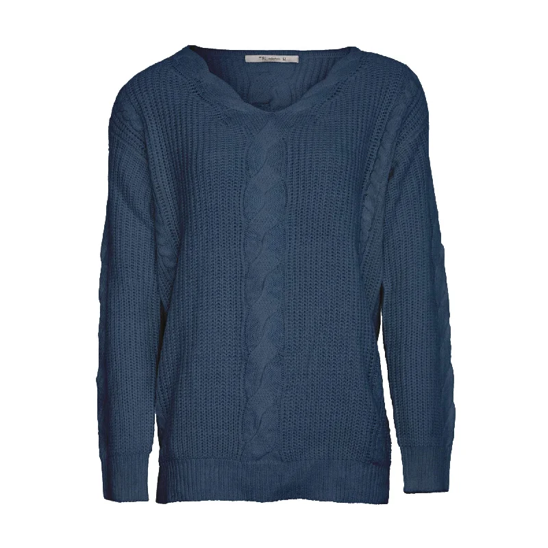 Cable Vee Neck Sweater - Navy