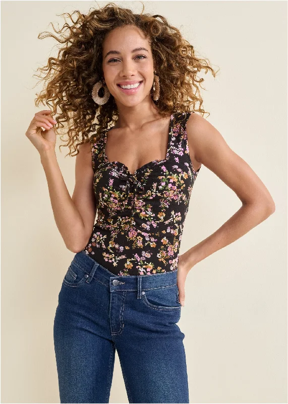 Tie-front floral top - Black Multi