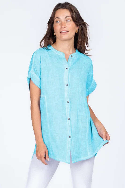 Round Neck Double Gauze Button-up Tunic with Side Panels