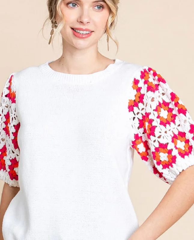 Solid U-Neck Top with Crochet Sleeves