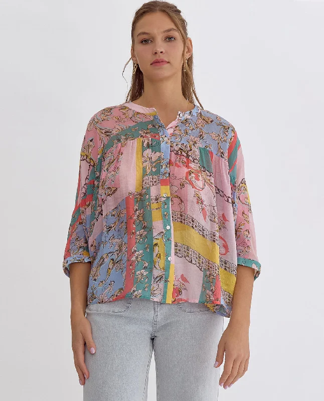 Mixed Print 3/4 Sleeve Top