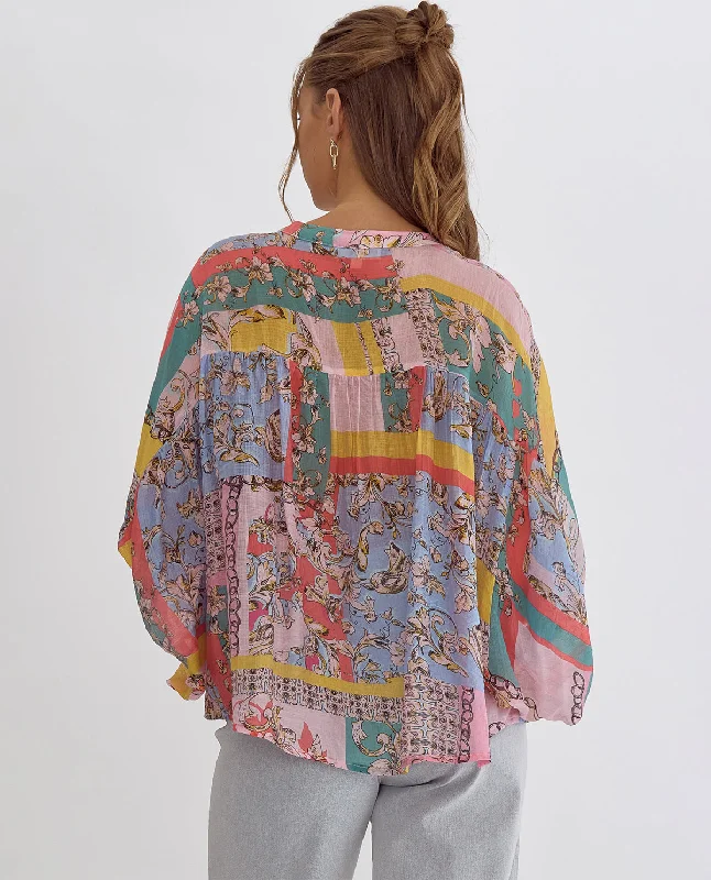 Mixed Print 3/4 Sleeve Top