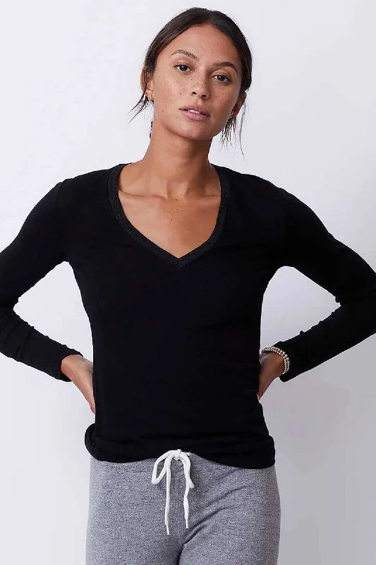 Textured Fitted Long Sleeve V Neck T