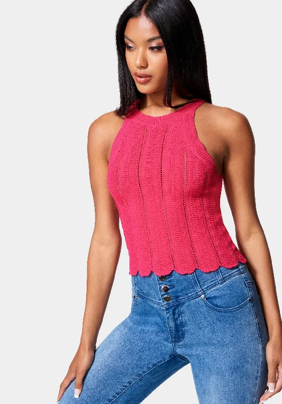 Scallop Hem Pointelle Sweater Halter Top