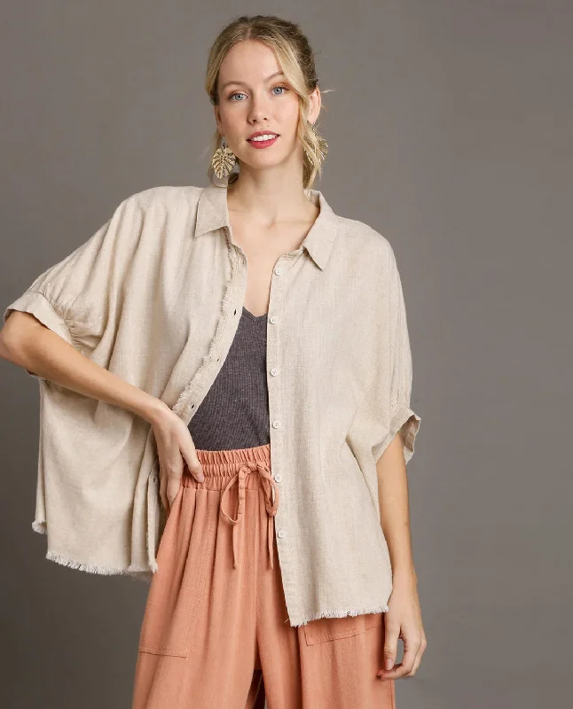 Linen Boxy Cut Button Down Collared Top with Fray Details