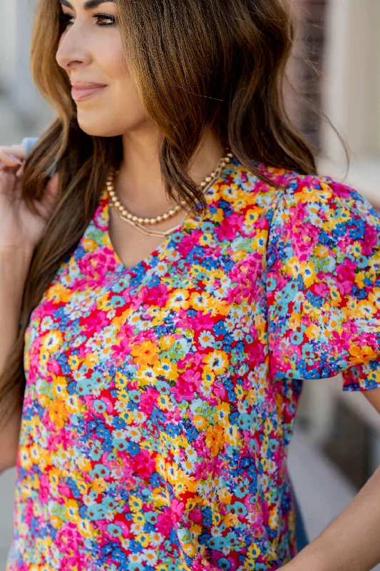 Vibrant Blooms Ruched Puff Sleeve Blouse