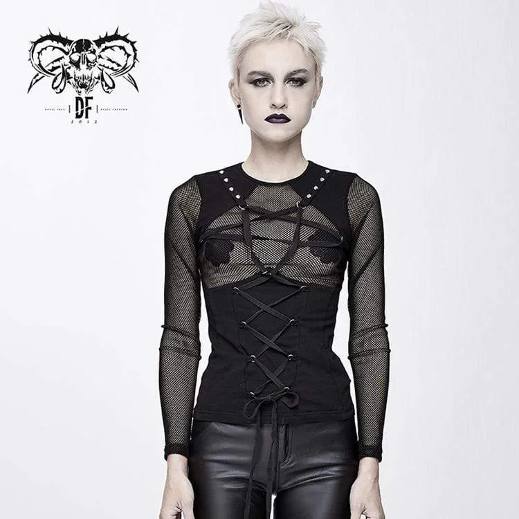 Women's Goth Pentagram Lacing Sheer Mesh Tops