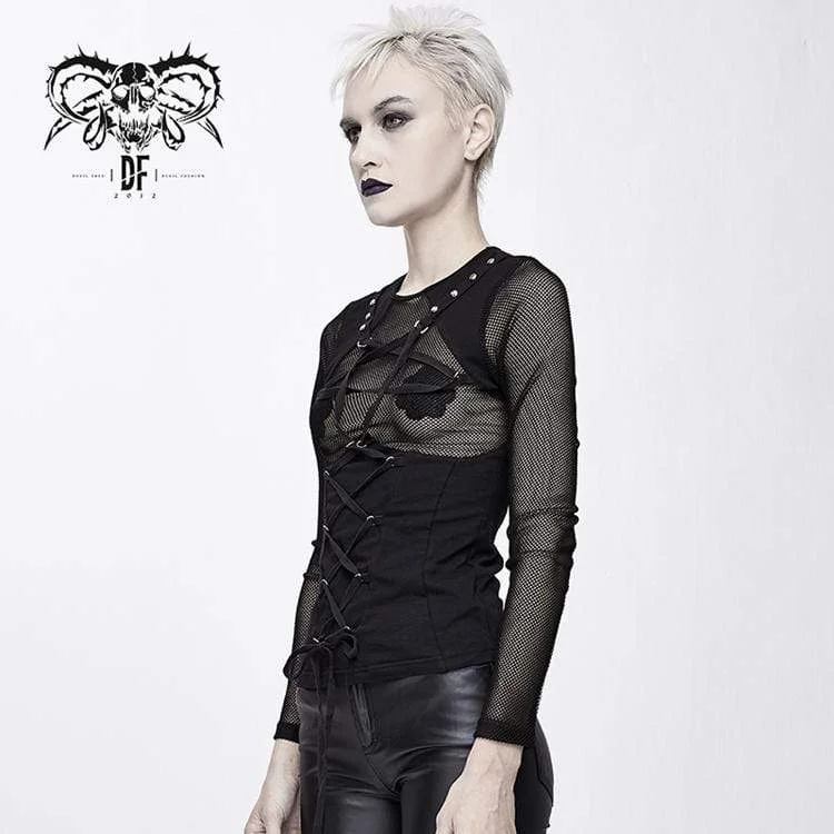 Women's Goth Pentagram Lacing Sheer Mesh Tops