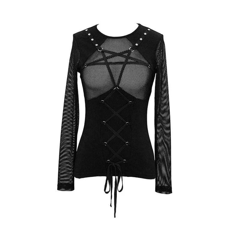 Women's Goth Pentagram Lacing Sheer Mesh Tops