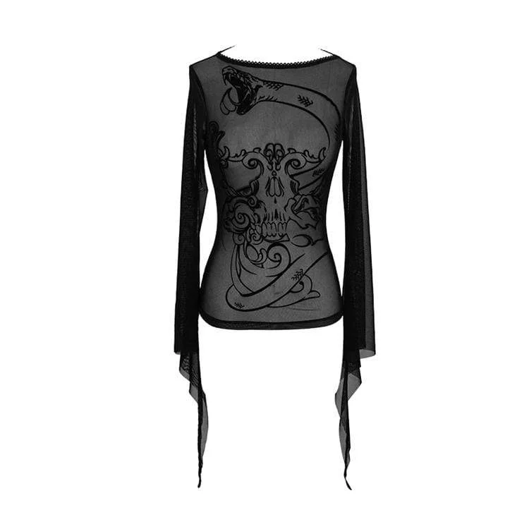 Women's Goth Sheer Flare Sleeved Mesh Tops