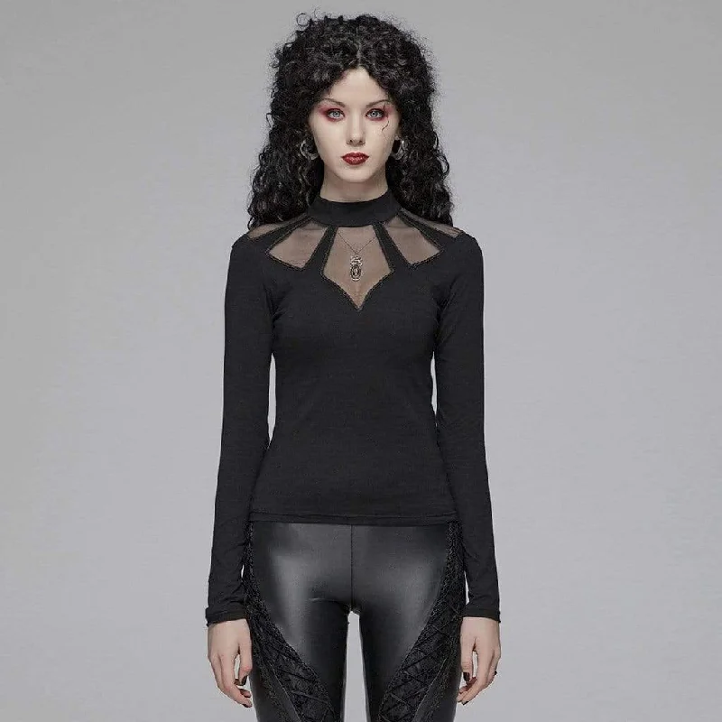 Women's Goth Stand Collar Mesh Sheer Long Sleeved T-shirts