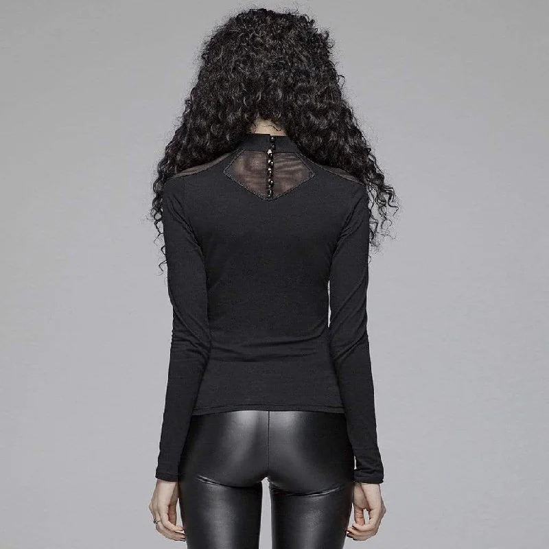 Women's Goth Stand Collar Mesh Sheer Long Sleeved T-shirts