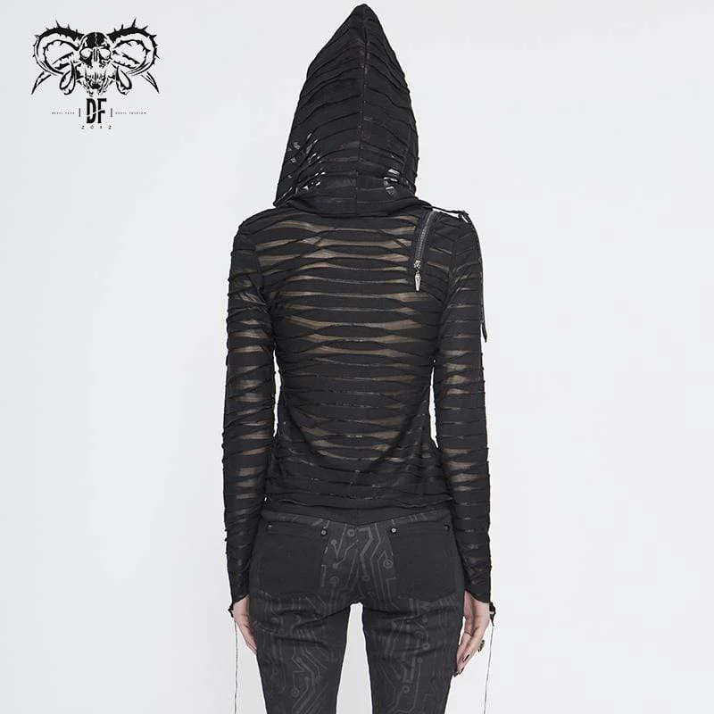 Women's Gothic Asymmetrical Sheer Long Sleeved Tops with Hood