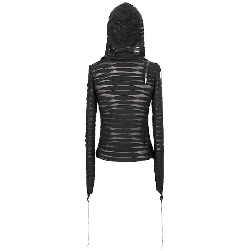 Women's Gothic Asymmetrical Sheer Long Sleeved Tops with Hood