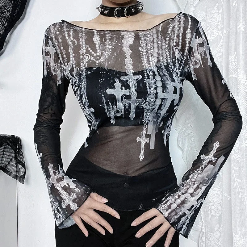 Women's Gothic Off-the-shoulder Cross Printed Mesh Shirt