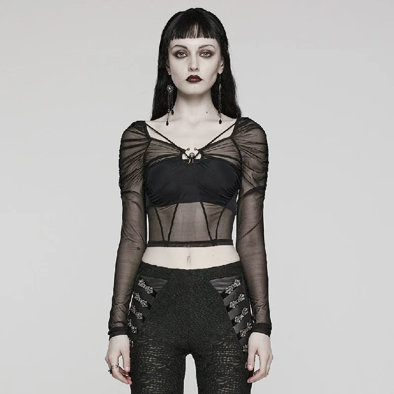 Women's Gothic Sheer Lace-Up Mesh Long Sleeved Crop Top