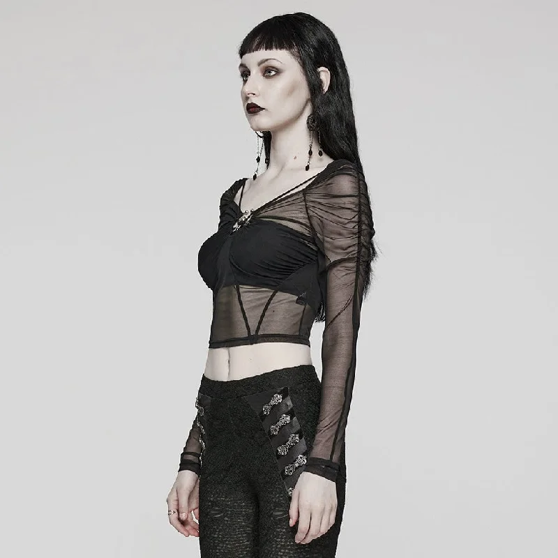 Women's Gothic Sheer Lace-Up Mesh Long Sleeved Crop Top