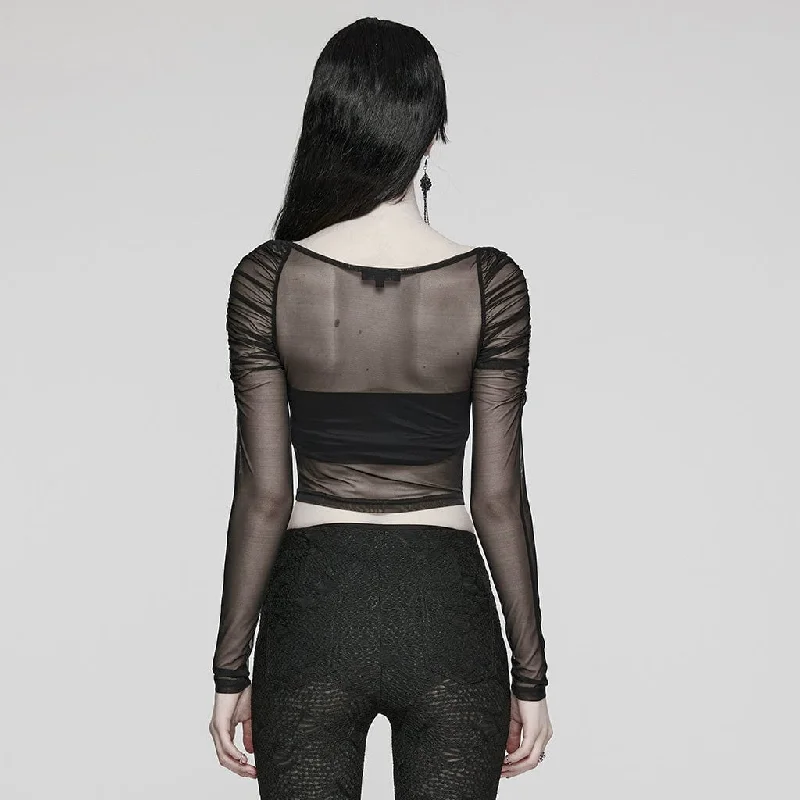 Women's Gothic Sheer Lace-Up Mesh Long Sleeved Crop Top