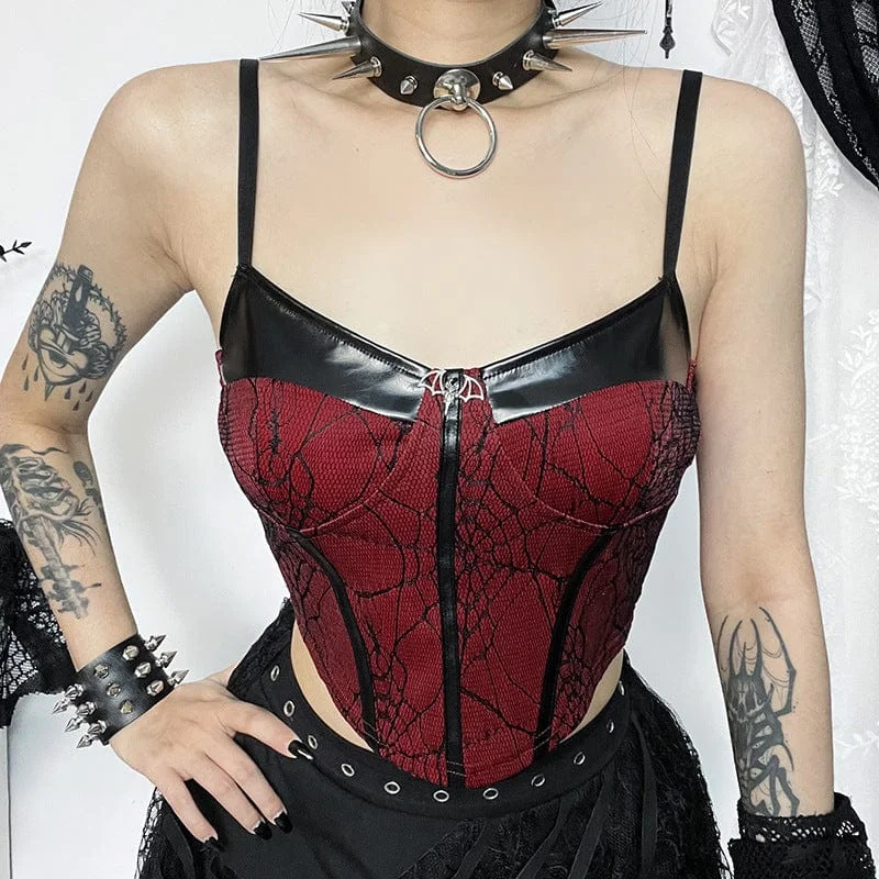 Women's Gothic Spider Mesh Splice Faux Leather Bustier