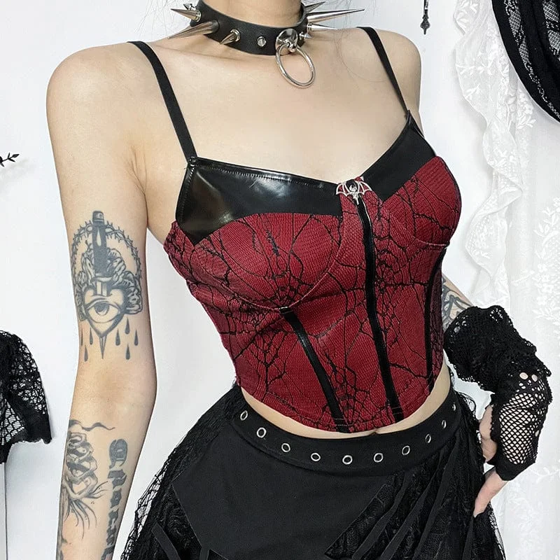 Women's Gothic Spider Mesh Splice Faux Leather Bustier