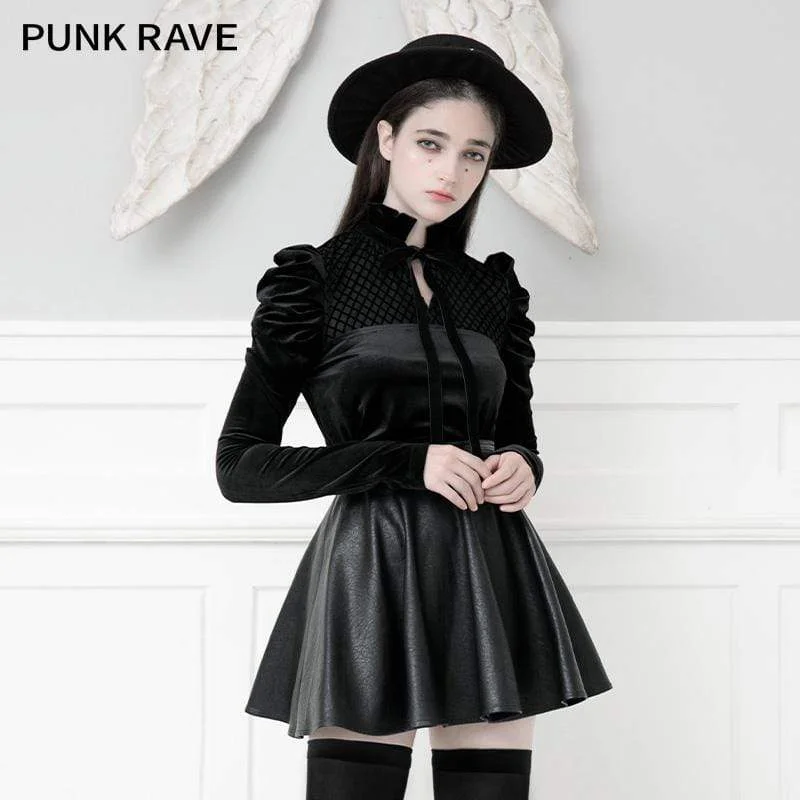 Women's Gothic Stand Collar Lace-up Leg-of-mutton Sleeved Velvet Tops