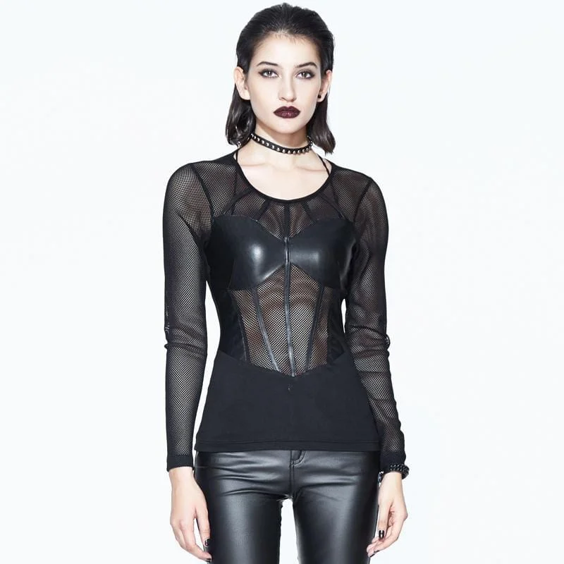 Women's Net and Faux Leather Punk Goth T-shirt