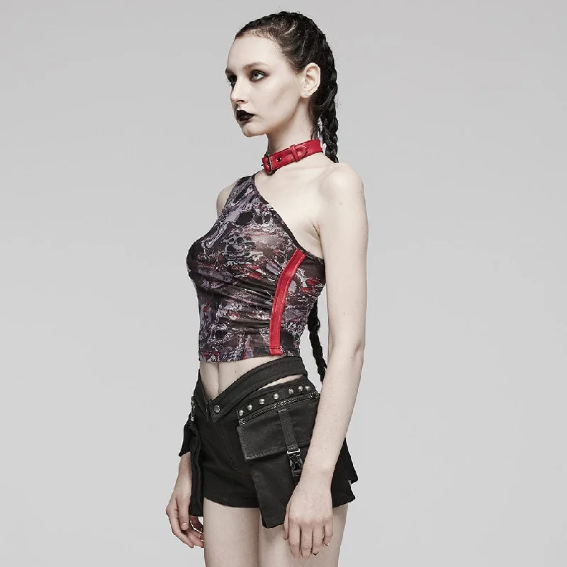 Women's Punk Buckle Eyelet Halter Tank Top Black-Red