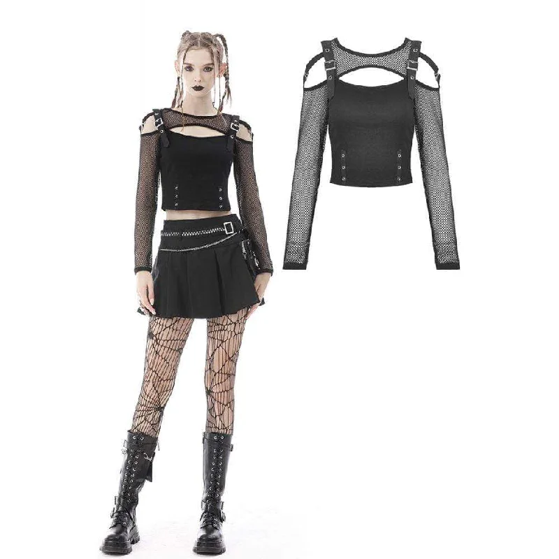 Women's Punk Cutout Mesh Splice Buckle Crop Top