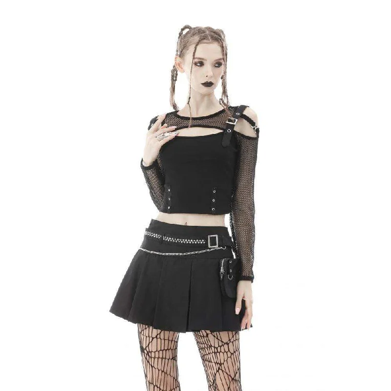 Women's Punk Cutout Mesh Splice Buckle Crop Top