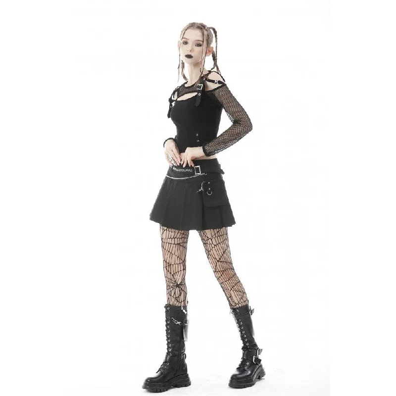 Women's Punk Cutout Mesh Splice Buckle Crop Top