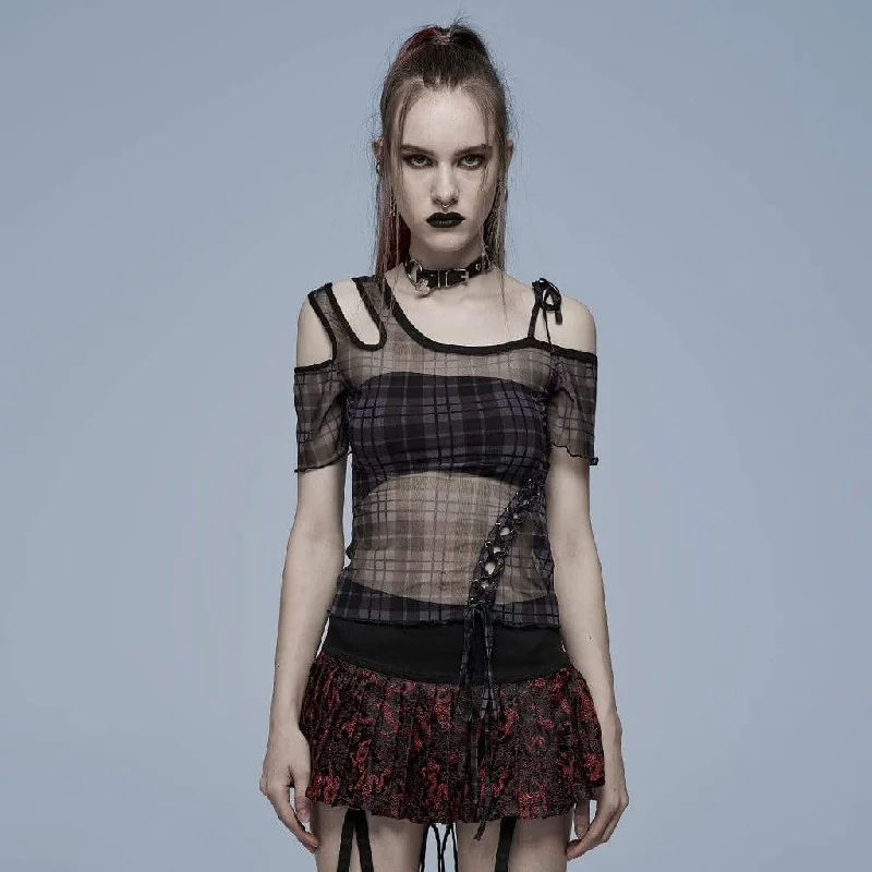 Women's Punk Cutout Plaid Sheer Mesh Top