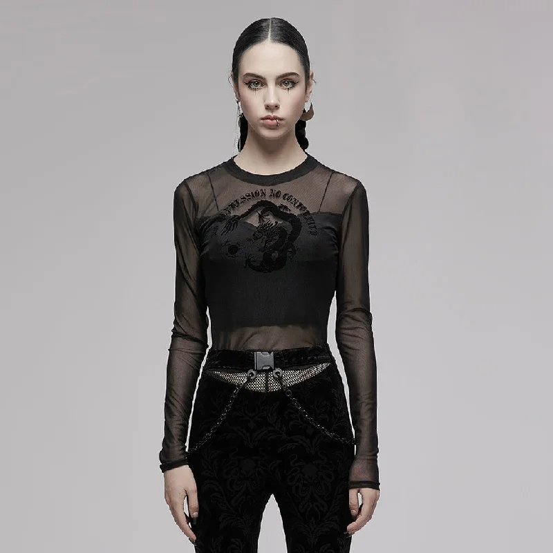 Women's Punk Dragon Printed Sheer Long Sleeved Mesh Top