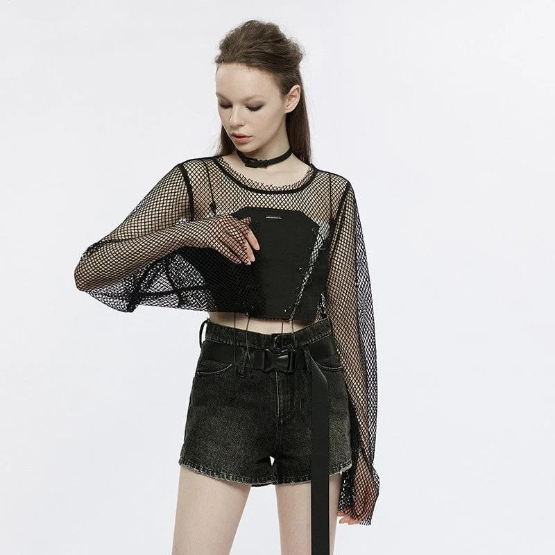 Women's Punk Flare Sleeved Mesh Top