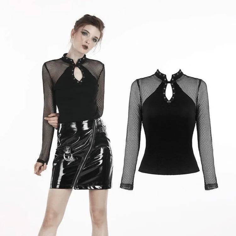 Women's Punk Mandarin Collar Long Sleeved Mesh Tops