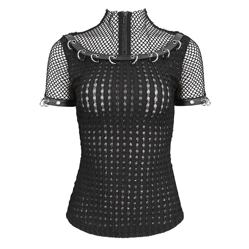 Women's Punk Mesh Rings Short Sleeved Mesh Top