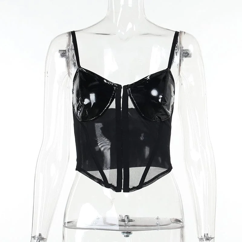 Women's Punk Mesh Splice Patent Leather Tank Top